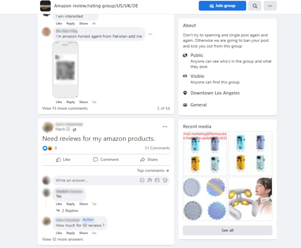 This person writes in a Facebook post: “need reviews for my Amazon products”. InvestigateTV...