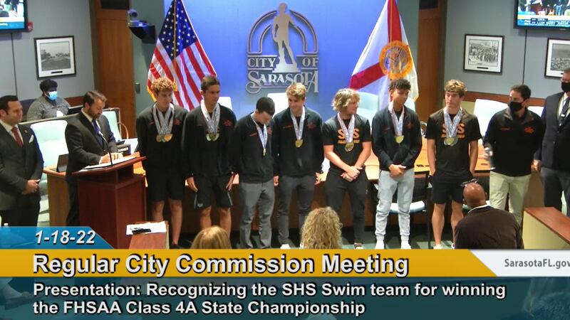 The Sarasota High School swim team was recognized for winning the Class 4A state championship.