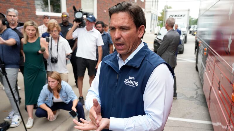 Republican presidential candidate Florida Gov. Ron DeSantis speaks to reporters following a...