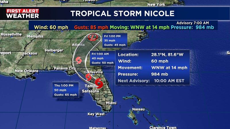 Nicole churning across Florida as a tropical storm