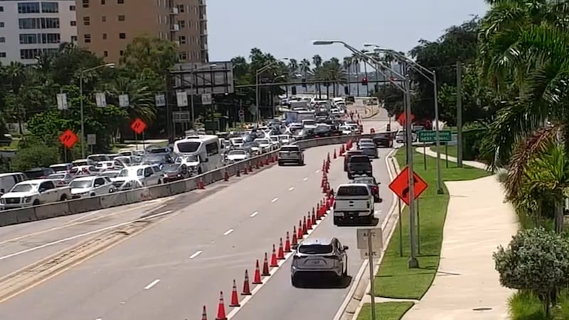 Construction snarled traffic coming from from St. Armands Circle Tuesday.