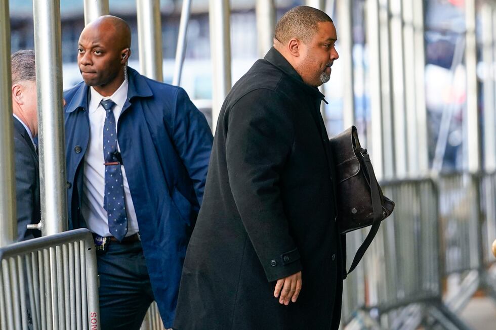 Manhattan District Attorney Alvin Bragg arrives at his office, Thursday, March 23, 2023, in...