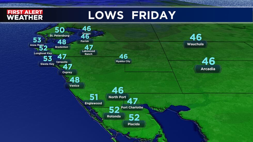 NE winds at 10 mph will make it feel cooler near sunrise on Friday