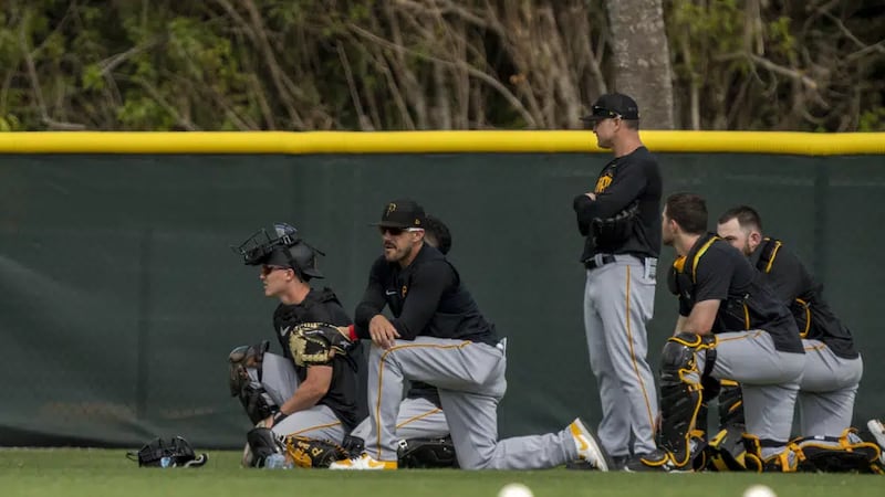 Pittsburgh Pirates players react as a guest gets medical attention during spring training...