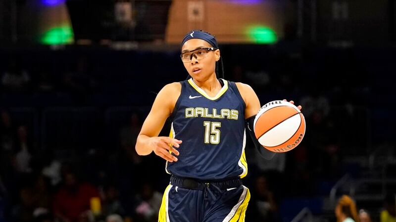 FILE - Dallas Wings guard Allisha Gray handles the ball during a WNBA basketball game against...