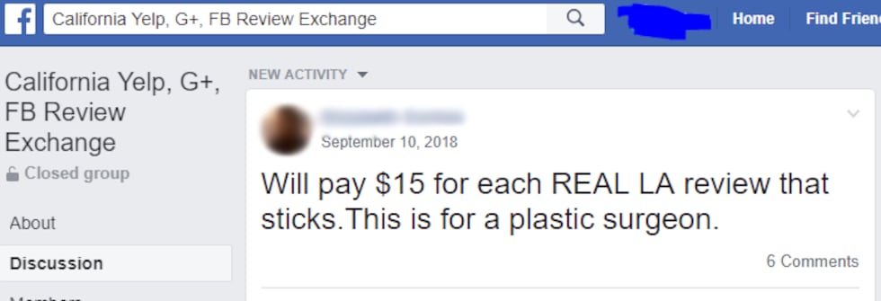A Facebook post offering cash for reviews. Kay Dean exposed this post and others like it on...